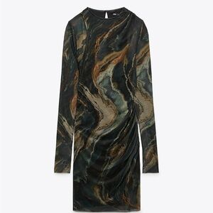 Zara Green and Brown Sheath Dress Mock Neck Long Sleeve